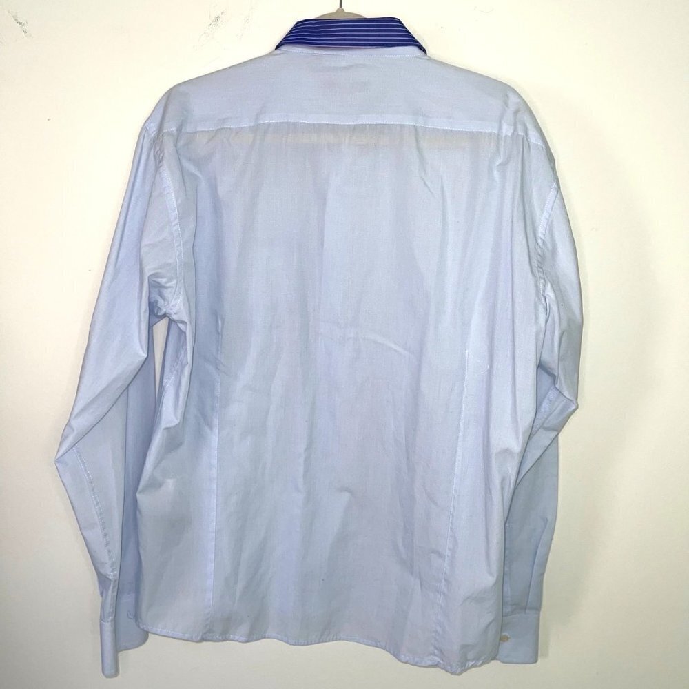Oleg Cassini Skinny Shirt XL Mens Vintage Cotton Blue Pink Striped Pocket Collar - Picture 11 of 12